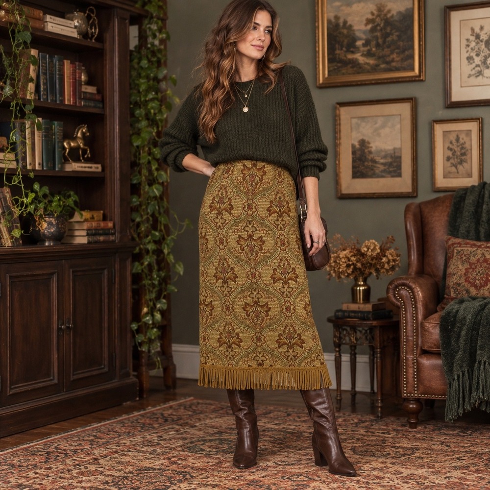 Vintage 90s Lennie for Nina Leonard Tapestry Fringe Midi Skirt 2X
